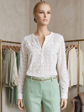 LOFT White Patterned Henley Blouse